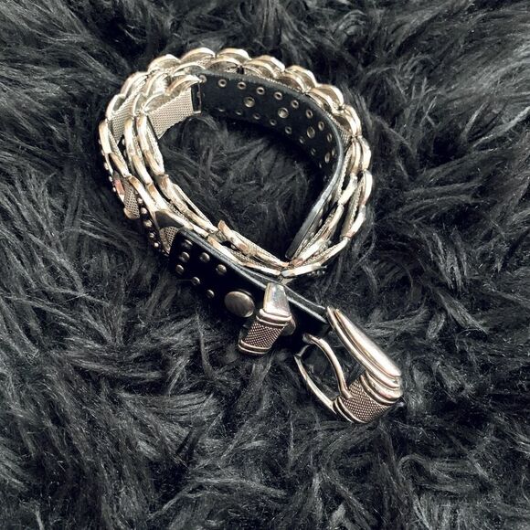 Black Leather & Silver Tone Chainlink Belt Size Large - Picture 5 of 12